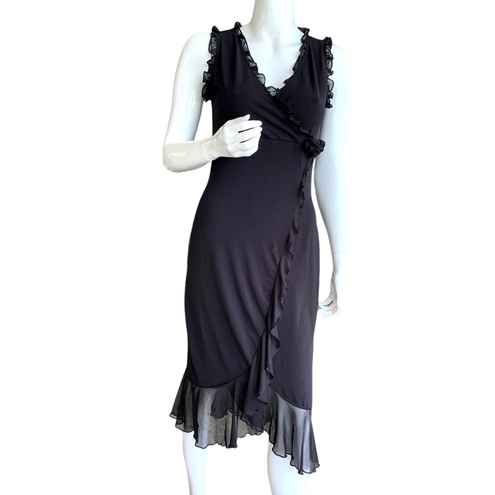 NEWPORT BLACK SHEER RUFFLE ACCENT DRESS. BLACK. SIZE MEDIUM
